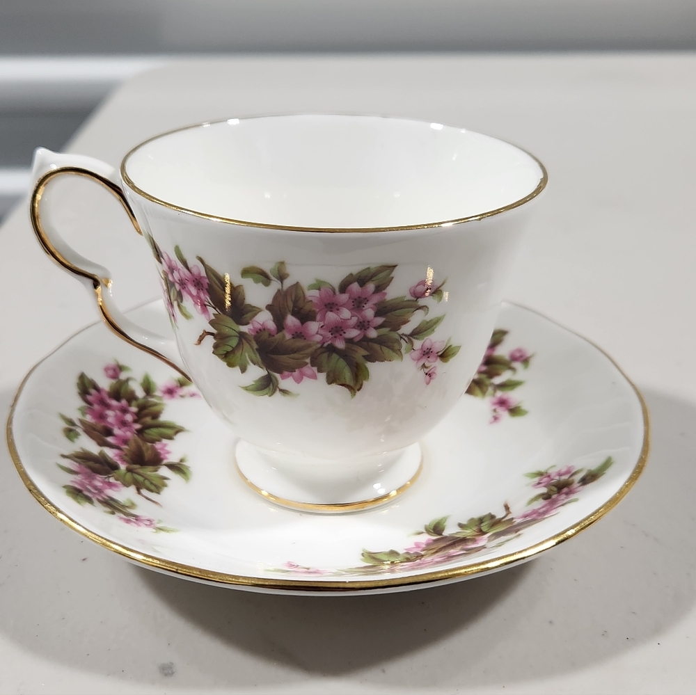 Queen Anne Floral Gold-Rimmed Teacup and Saucer Set